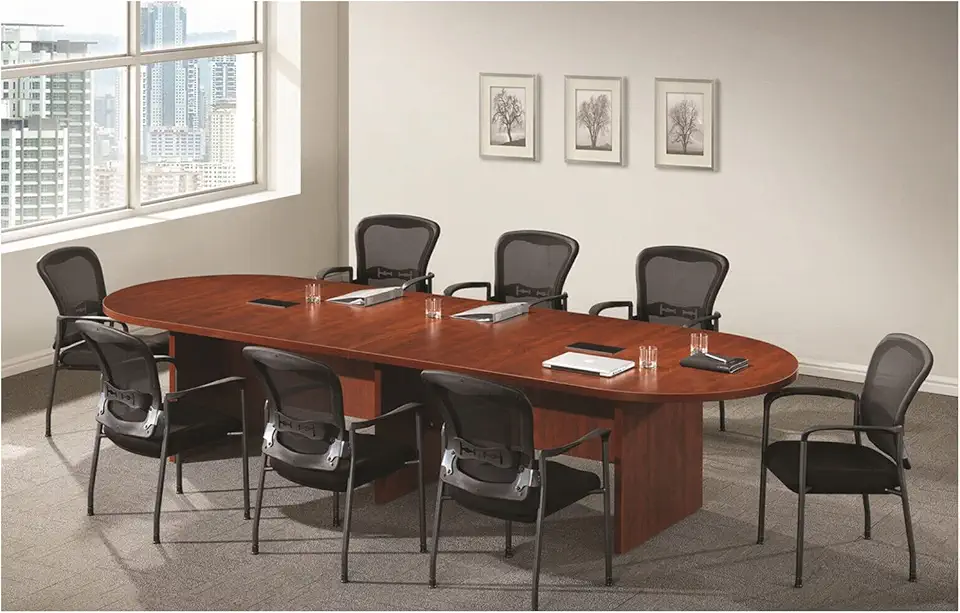 Thaweesuk Shop New 12FT Cherry Finishes Modern Executive Racetrack Shaped Conference Room Table Panel Legs Grommets Boardroom 2 Power Data Modules Black Office Meeting Laminate Oval Desk Hardwood