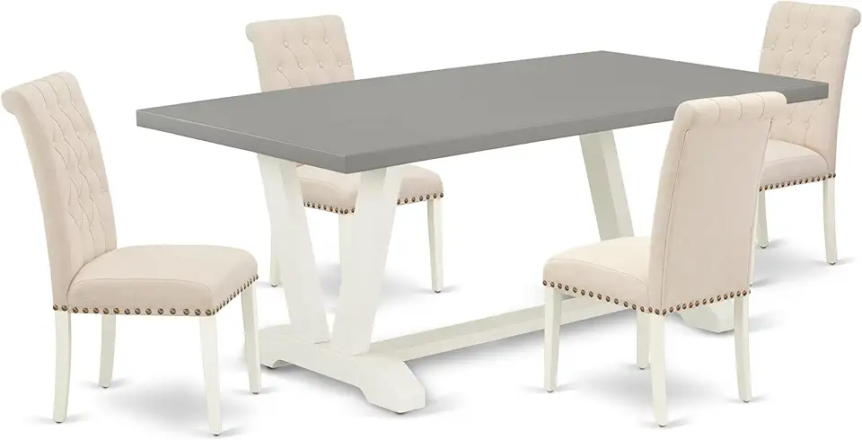 East West Furniture V097BR202-5 5 Piece Dining Room Table Set Includes a Rectangle Dining Table with V-Legs and 4 Light Beige Linen Fabric Upholstered Chairs, 40x72 Inch, Multi-Color