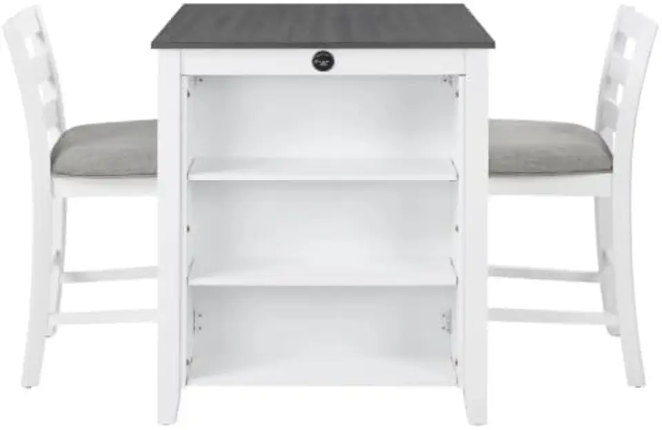 Modern Dining Table Set for 2 with Charging Station & 3-Tier Adjustable Storage | Space-Saving Kitchen Set with Upholstered Chairs for Small Spaces, Apartment，Off White