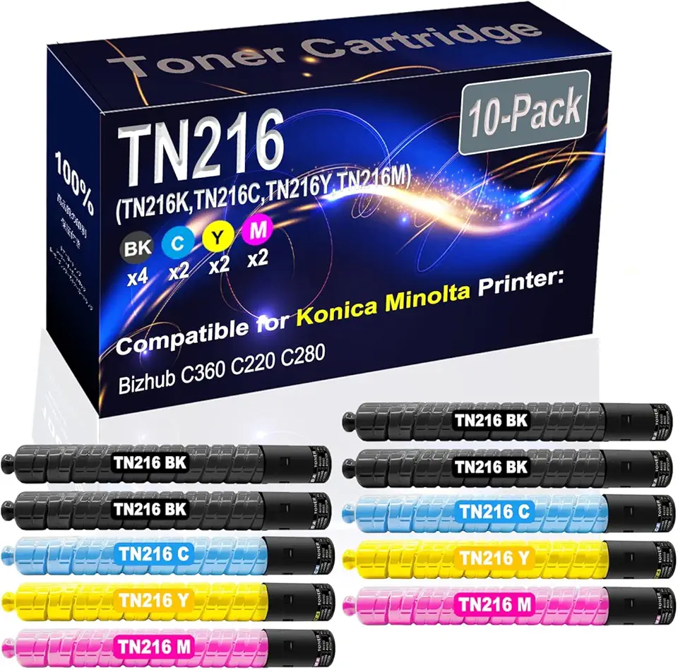 10-Pack (4BK+2C+2Y+2M) Compatible Bizhub C360 C220 C280 Laser Toner Cartridge (High Capacity) Replacement for Konica Minolta TN216 TN-216 (TN216K TN216C TN216Y TN216M) Printer Toner Cartridge