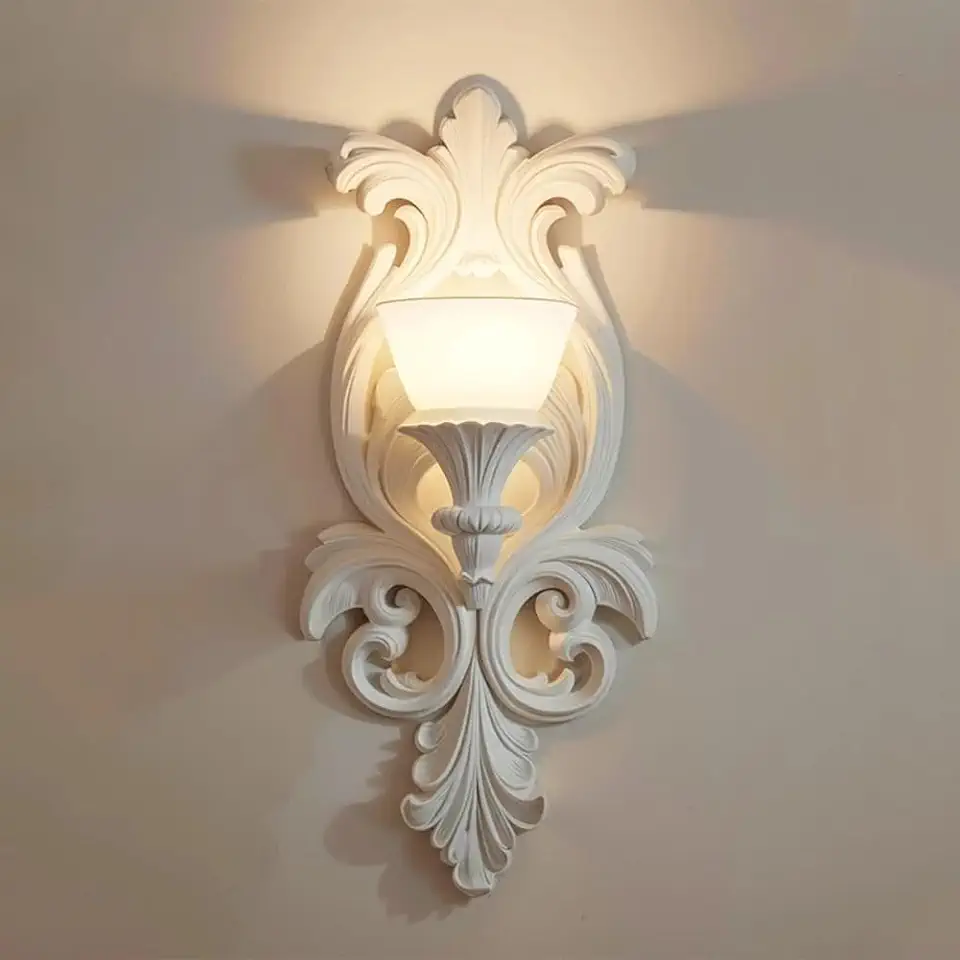 White Plaster Wall Sconce French Art with Glass Shade, Mediterranean Style Stone Wall Light Modern Hardwired Home Decor Lighting Fixture Compatible with Living Room Hallway Bathroom, E27,M