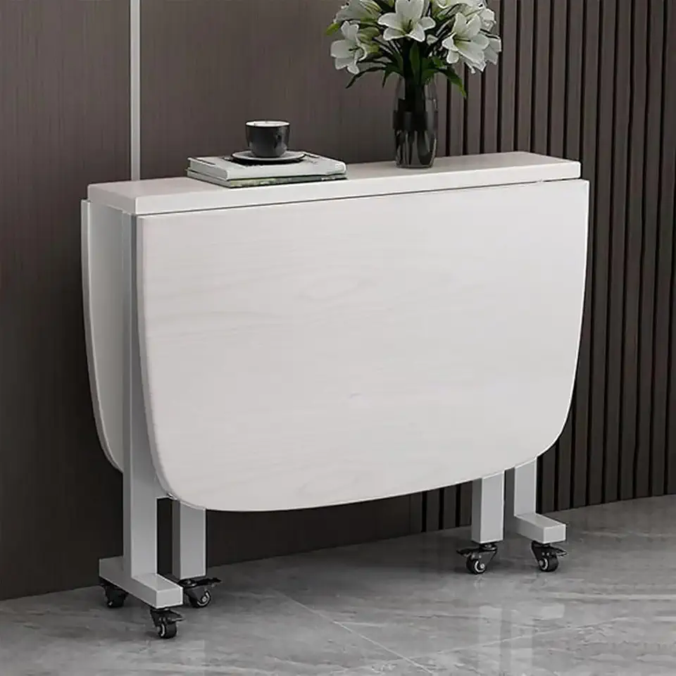 Folding Dining Tables For Small Spaces, Drop Leaf Dining Table With Lockable Wheels, Seats 2-6 People, Rounded Corners, Multifunction Expandable Table, Compact Space Saver Set For Apartments(White,100