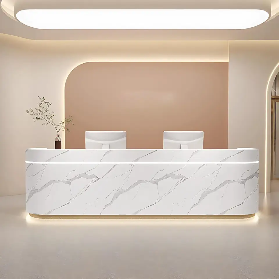 Reception Desk – Modern Front Desk Reception Counter with Light, Custom Logo, Retail & Checkout Counter for Office, Salon, Fully Assembled (B,128IN)