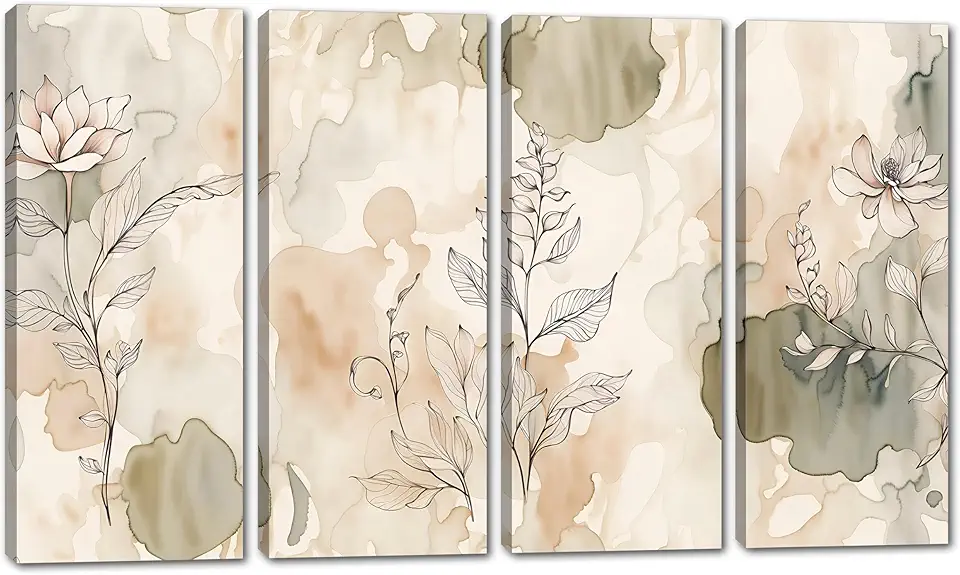 80 x 50 TOTAL - Neutral Wall Art Canvas floral Print botanical decor of foliage, office art - 4 Panel Split
