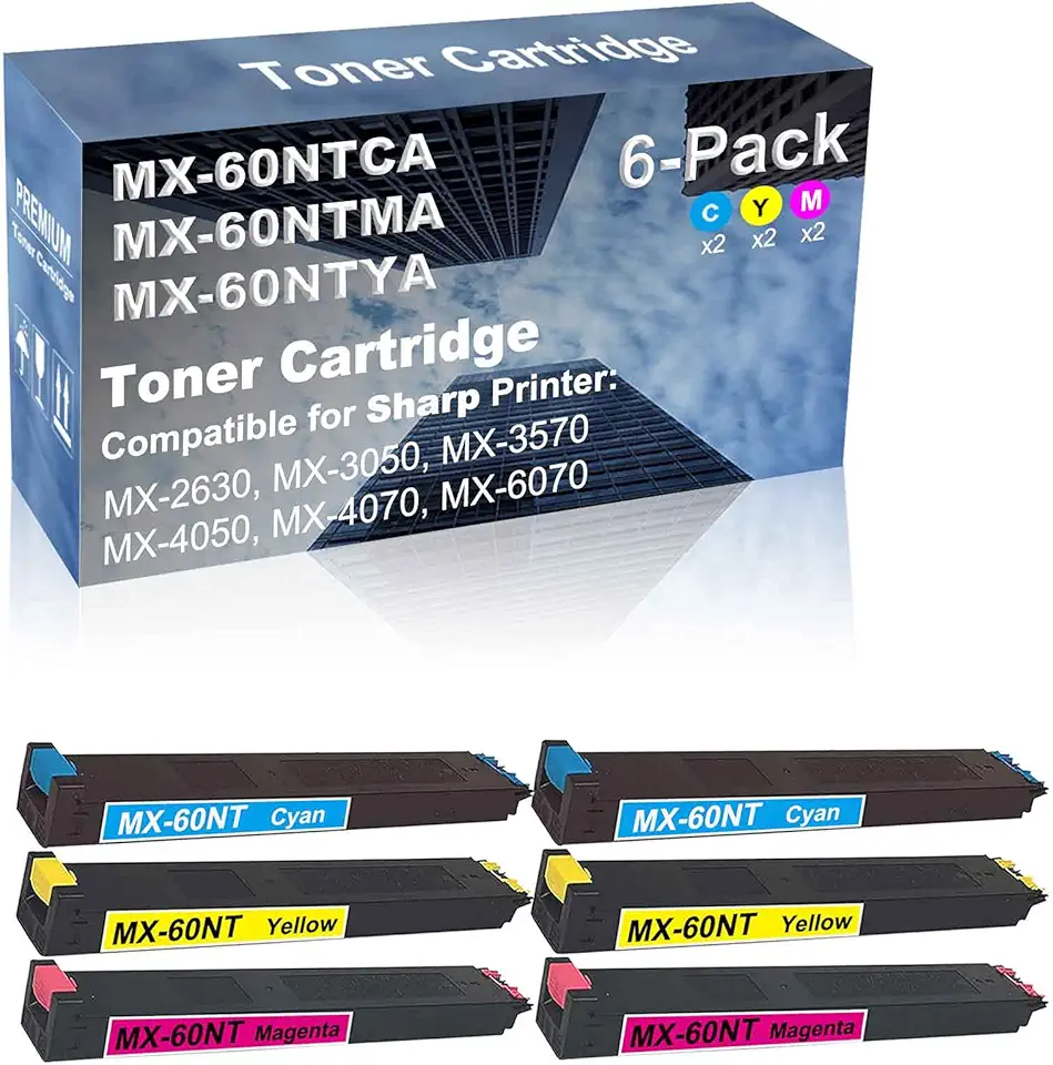 6-Pack (2C+2Y+2M) Compatible High Capacity MX-60NT (MX-60NTCA+ MX-60NTMA+ MX-60NTYA) Toner Cartridge Used for Sharp MX-2630, MX-3050 Printer