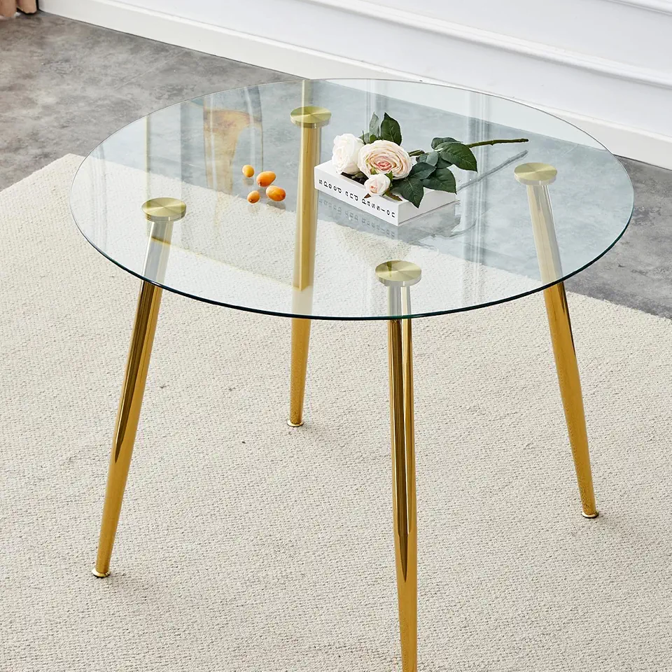 40' * 30' Dining Table with 40 Inch Glass Tabletop and Gold Metal Legs, Fits 4-6 Golden Holds