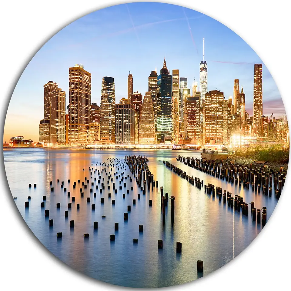Designart Illuminated New York Skyscrapers-Cityscape Round Wall Art-Disc of 23, 23'' H x 23'' W x 1'' D 1P