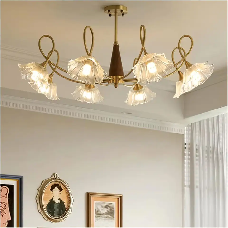 Nordic Glass Flower Wooden Chandelier Living Room Hall Bedroom Kitchen Restaurant Hanging Light Art Decor Copper Pendant Lamp