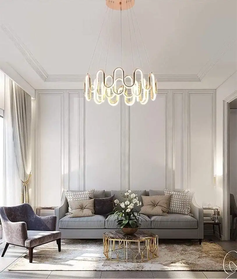 Modern LED Chandelier Height Adjustable Aluminum 3 Turns Warm Lighting Chandeliers Crystal Art Villa Restaurant Lights Gold Chandelier, for Living Room
