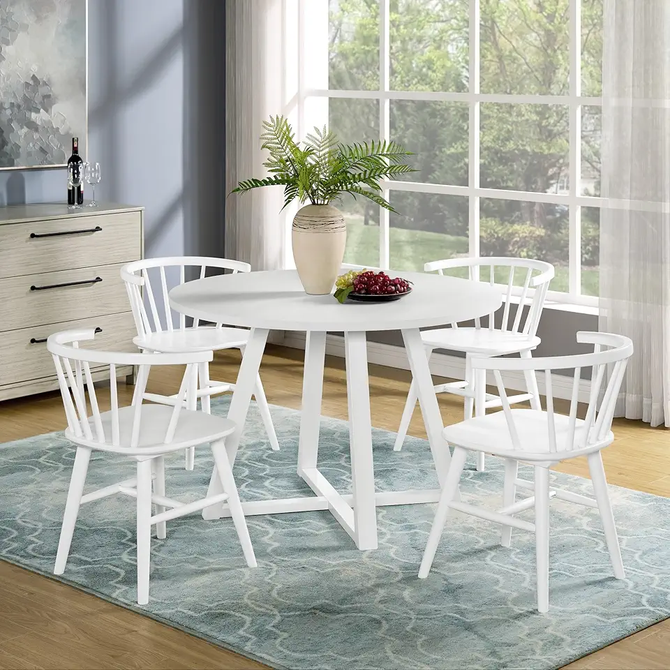 White Wood 5-Piece Dining Set, Trestle Dining Table with 4 Windsor Chairs