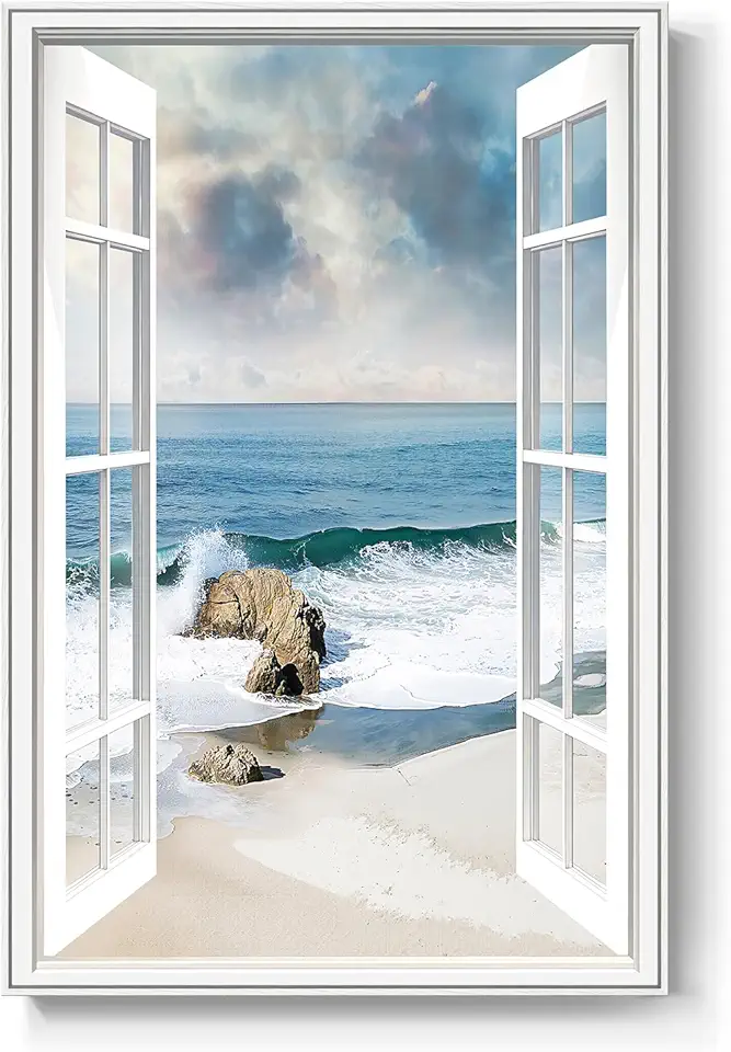 Framed Window Beach Scene Wall Art, Nature Blue Coastal Seascape Vertical Canvas Painting Prints, Relaxing Landscape Picture Artworks for Living Room Dining Room Hallway Office Wall Decor, 24x36 Inch