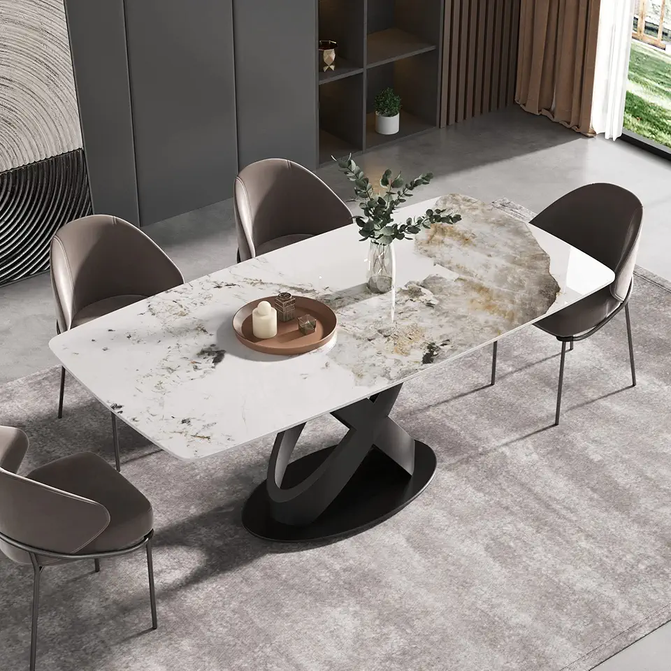 Modern Dining Table, Antique White Sintered Stone Tabletop with Black X-Shaped Solid Carbon Steel Base, 70.8