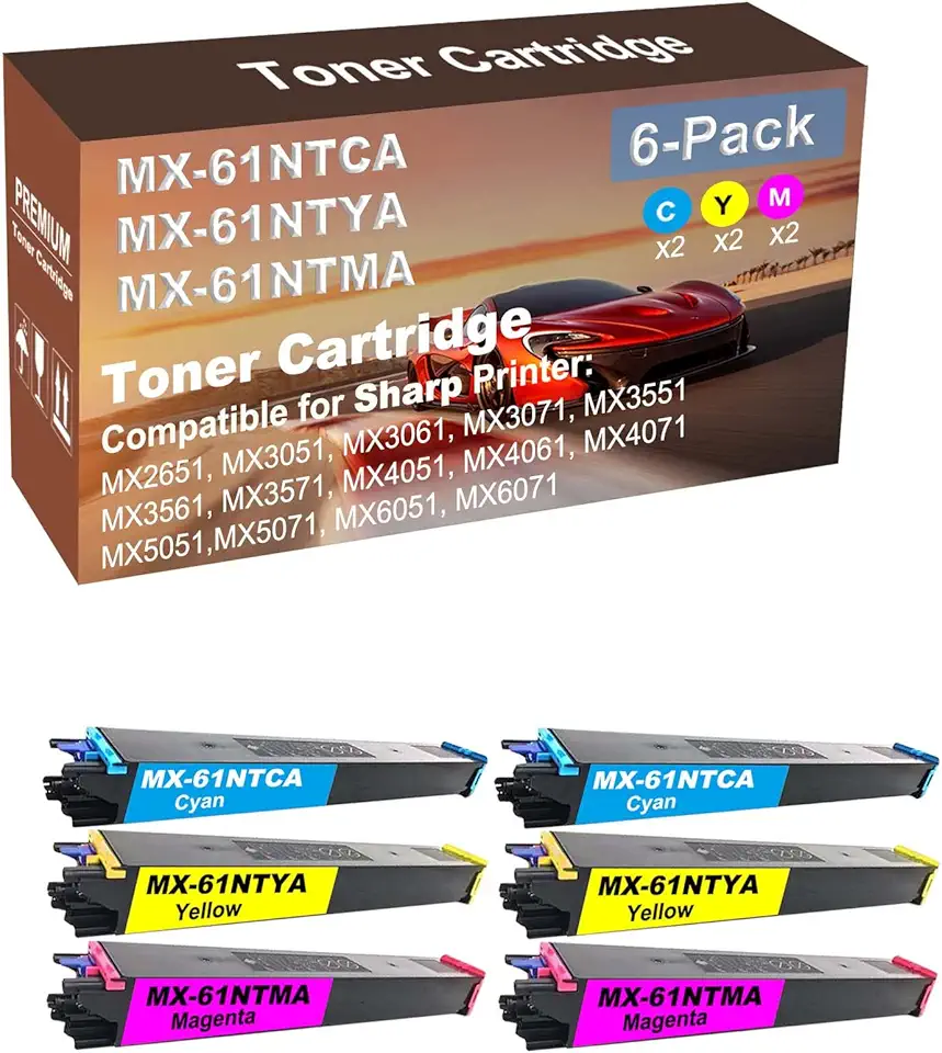 6-Pack (2C+2Y+2M) Compatible High Capacity MX-61NTCA+ MX-61NTYA+ MX-61NTMA Toner Cartridge Used for Sharp MX2651, MX3051, MX3061, MX3071, MX3551 Printer