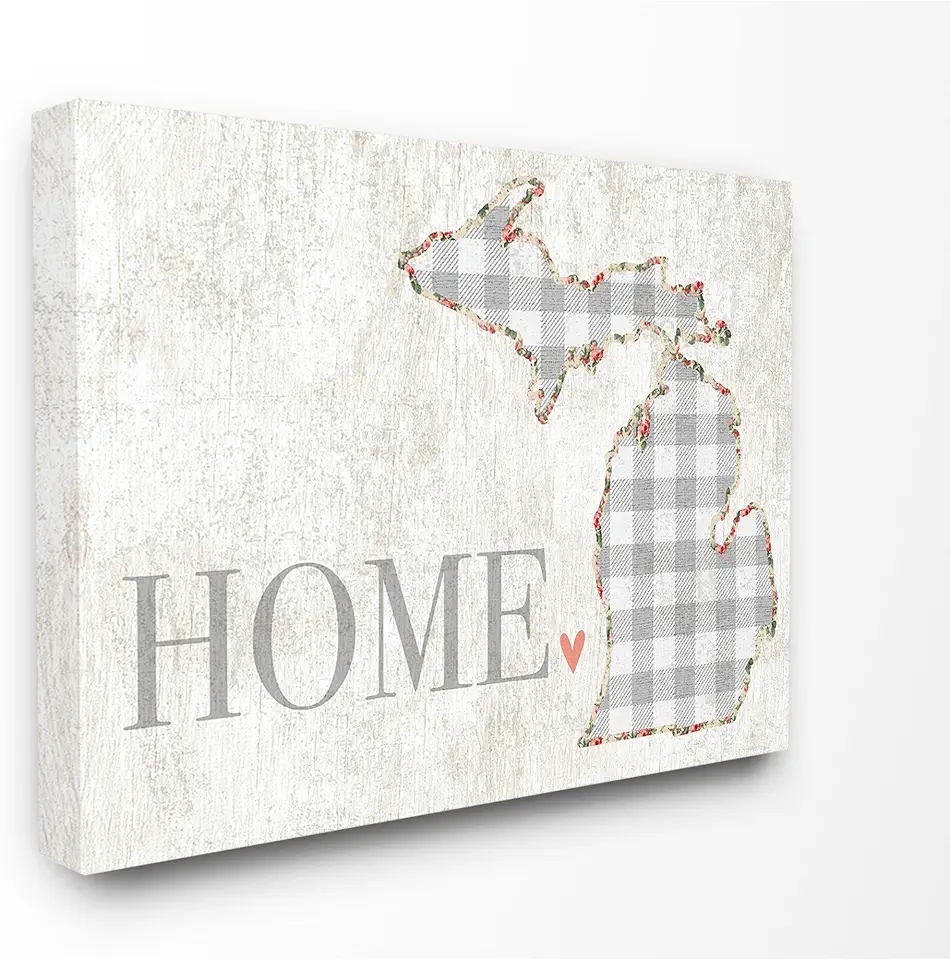 Stupell Industries Michigan Grey Gingham and Floral Heart and Home XXL Stretched Canvas Wall Art, 30 x 1.5 x 40, Multi-Color