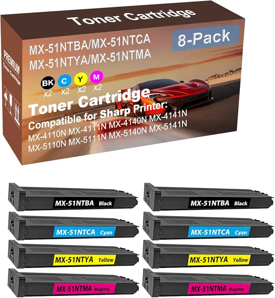 8-Pack (2BK+2C+2Y+2M) Compatible High Capacity MX-51NT (MX-51NTBA+ MX-51NTCA+ TMX-51NTYA+ MX-51NTMA) Toner Cartridge Used for Sharp MX-4110N, MX-4111N, MX-4140N Printer