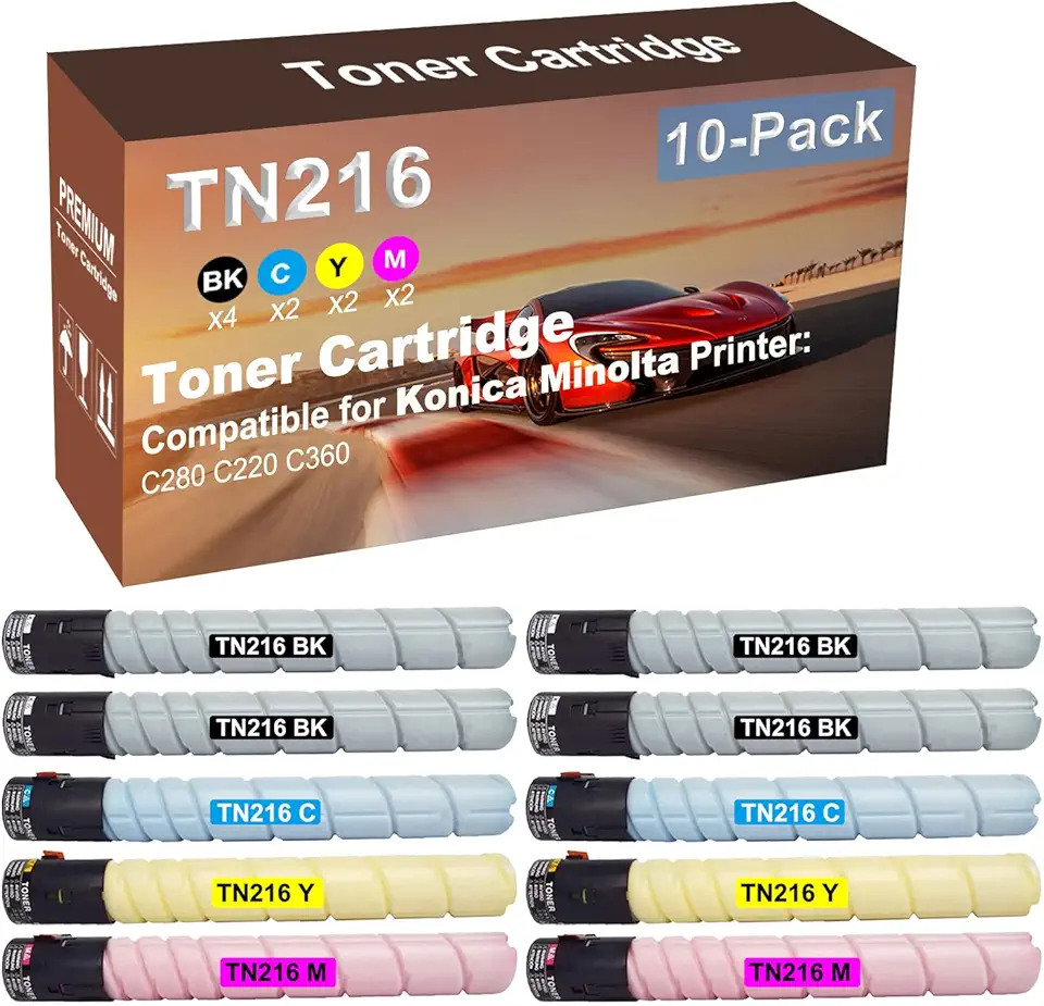 10-Pack (4BK+2C+2Y+2M) Compatible C280 C220 C360 Printer Toner Cartridge High Capacity Replacement for Konica Minolta TN216K TN216C TN216Y TN216M Toner Cartridge