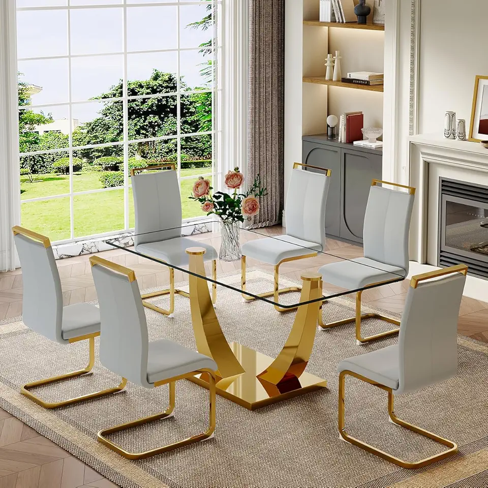 Glass Dining Table Set for 6, 63'' Gold Table Set for 6, Dining Room Table with Stainless Steel U-Shaped Leg + Stainless Steel Base