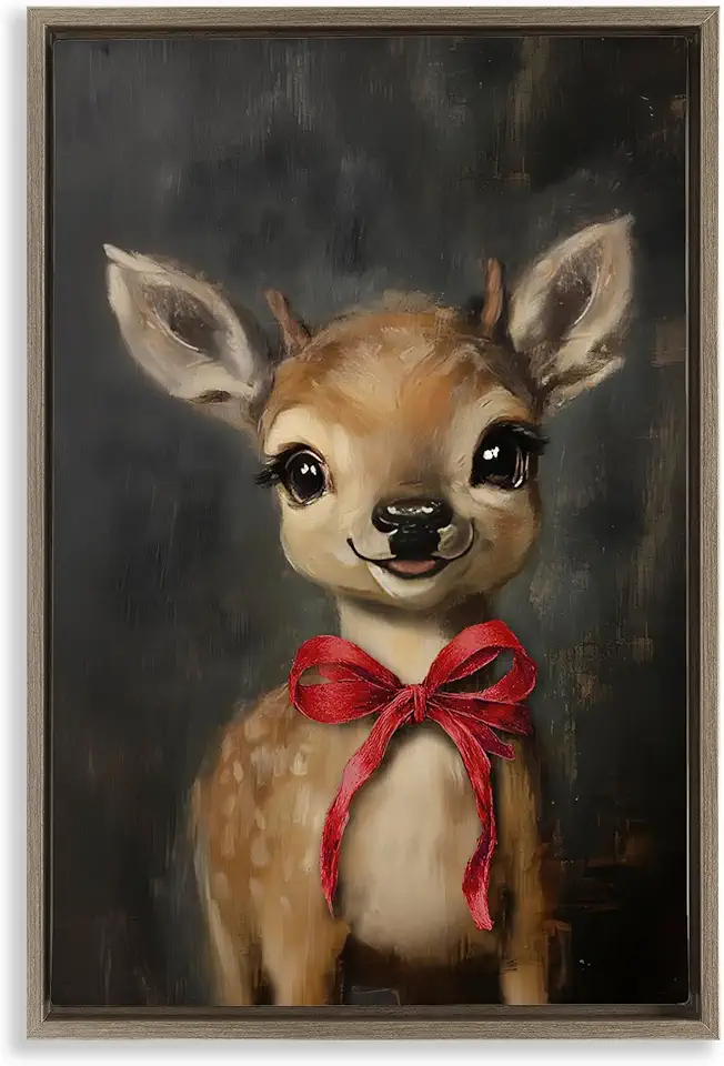 Stupell Industries Spotted Fawn with Red Bow Brown Framed Floater Canvas Wall Art Design by Lettered and Lined, 21 x 31