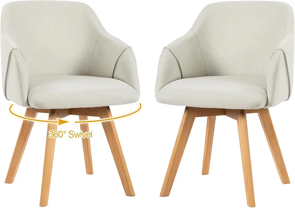 Swivel Dining Chairs Set of 2, Mid Century Modern Dining Chairs with Arms and Wood Legs, Linen Fabric Upholstered Kitchen Chairs for Dining Room Living Room, Comfortable Widen Seat, Beige
