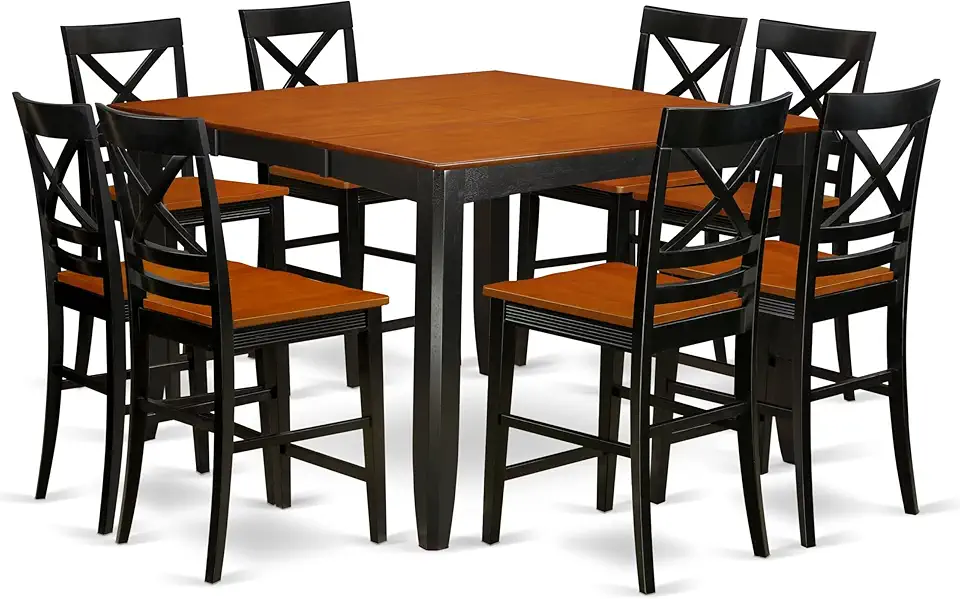 East West Furniture FAQU9H-BLK-W 9 Piece Counter Height Pub Set Includes a Square Dining Table with Pedestal and 8 Kitchen Dining Chairs, 54x54 Inch, Black & Cherry
