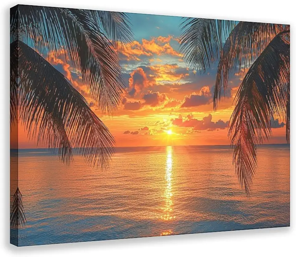 ZMLIS Relaxing Tropical Beach Wall Decor – Sunset Ocean Canvas Print – Colorful Palm Tree Artwork for Living Room Canvas Wall Art Print Poster For Home School Office Decor Frame 20x30inch