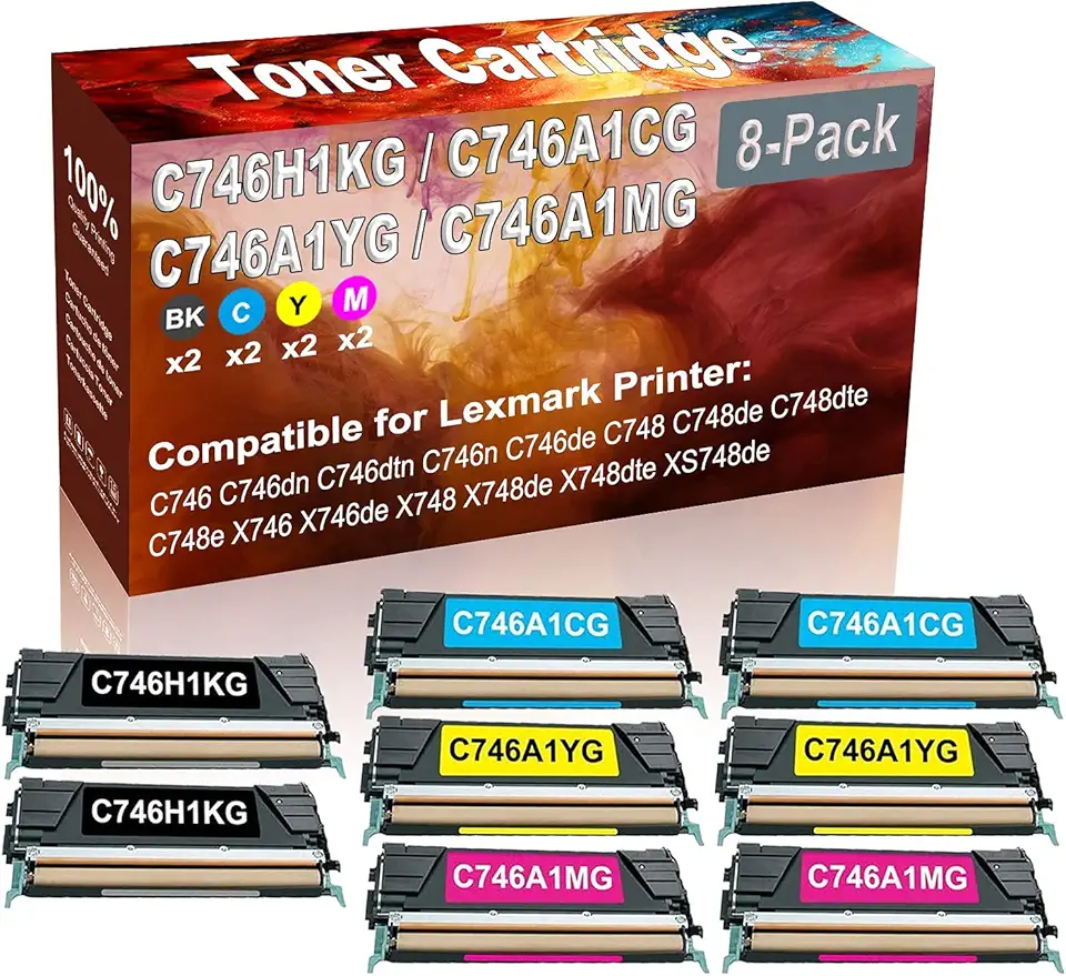 8-Pack (2BK+2C+2Y+2M) Compatible C746 C746dn C746dtn C746n Laser Toner Cartridge (High Capacity) Replacement for C746H1KG C746A1CG C746A1YG C746A1MG Printer Toner Cartridge