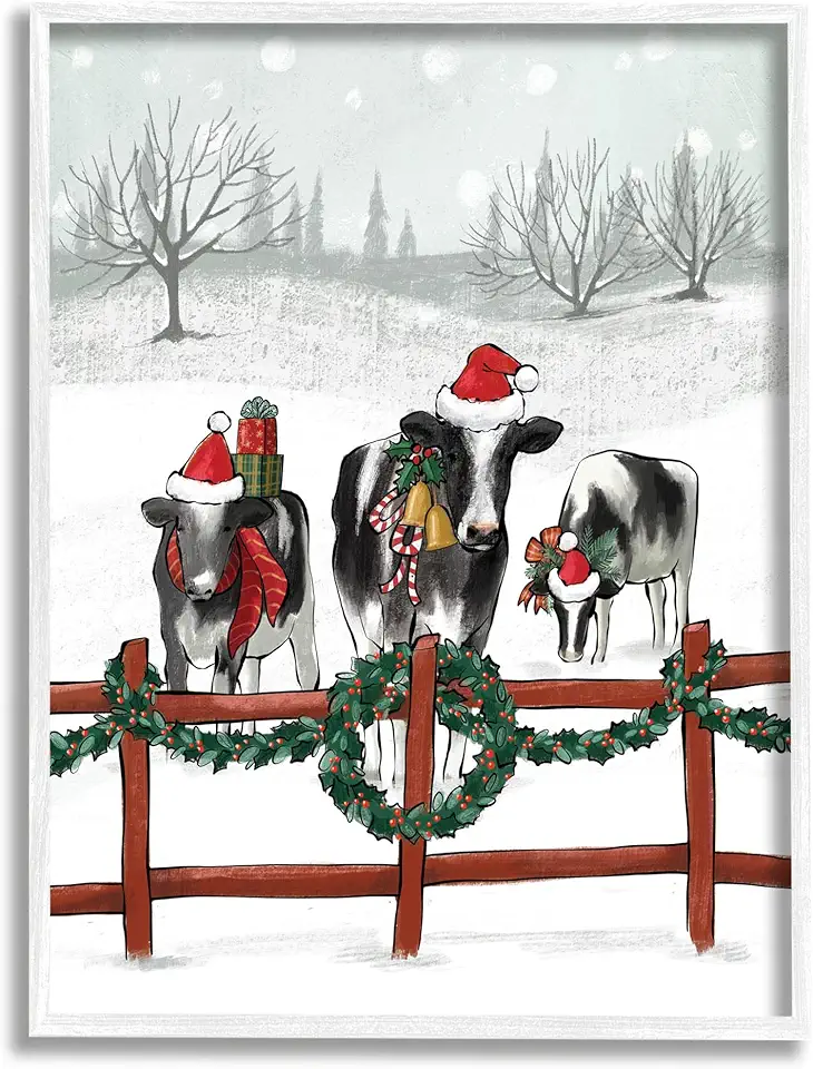 Stupell Industries Holiday Cows Farmland Fence Giclee Framed Wall Art, Design by Caverly Smith