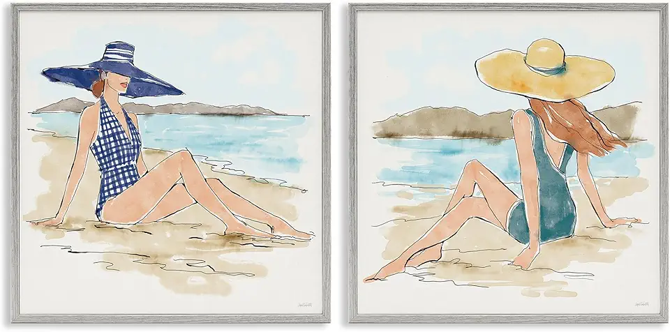 Stupell Industries Bathing Beauties on Beach 2pc Gray Framed Giclee Wall Art Set Design by Anne Tavoletti, 12 x 12