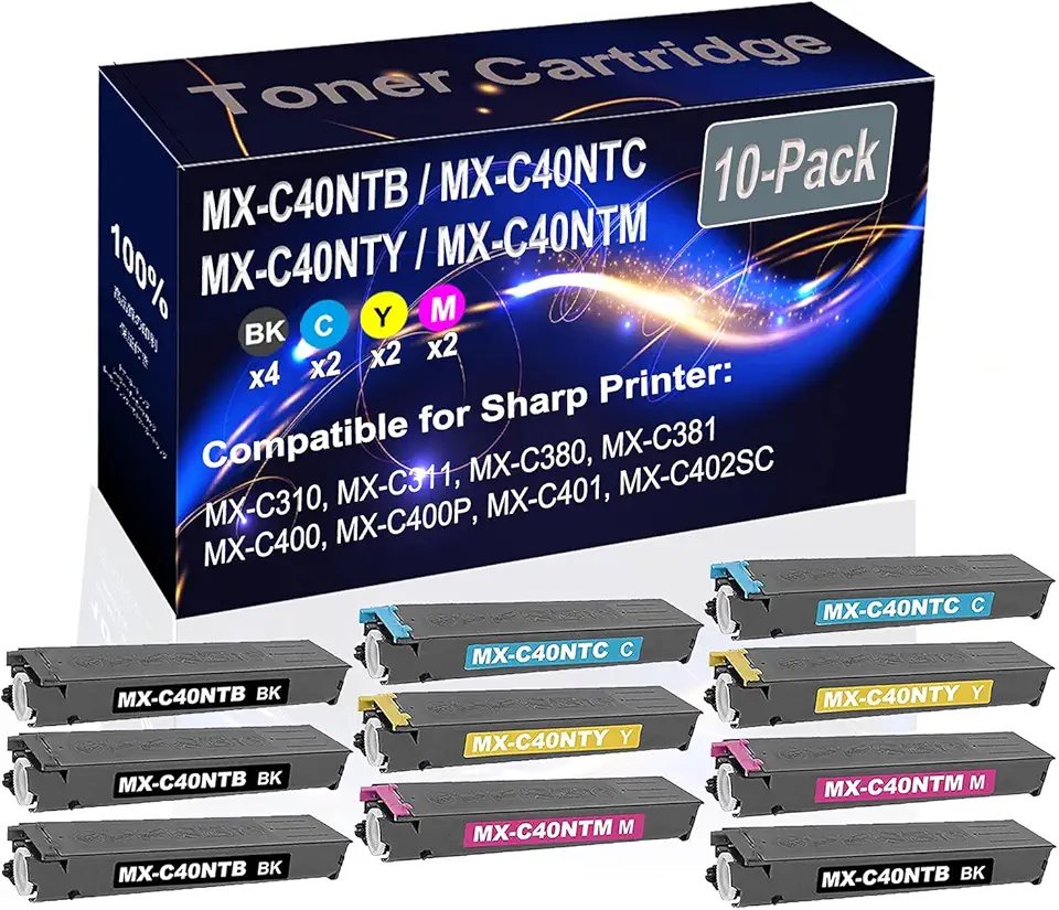 10-Pack (4BK+2C+2Y+2M) Compatible MX-C310 MX-C311 MX-C380 Laser Printer Toner Cartridge (High Capacity) Replacement for Sharp MX-C40NTB MX-C40NTC MX-C40NTY MX-C40NTM Printer Toner Cartridge