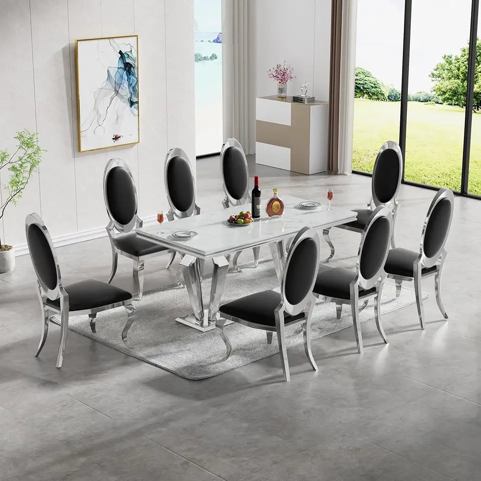 Henf 9 Piece Marble Dining Table Set for 8, Modern White Kitchen Table and Chairs for 8, Dining Room Table Set with 70