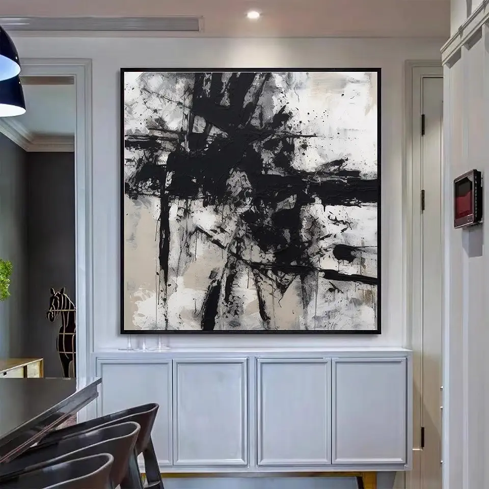 Minimalist Abstract Painting,Black Canvas Abstract Painting,Black Abstract Wall Art,Textured Art,Modern Acrylic Painting,Neutral Abstract Wall Art,Unstretched,Frameless,(183X183cm)72X72Inches