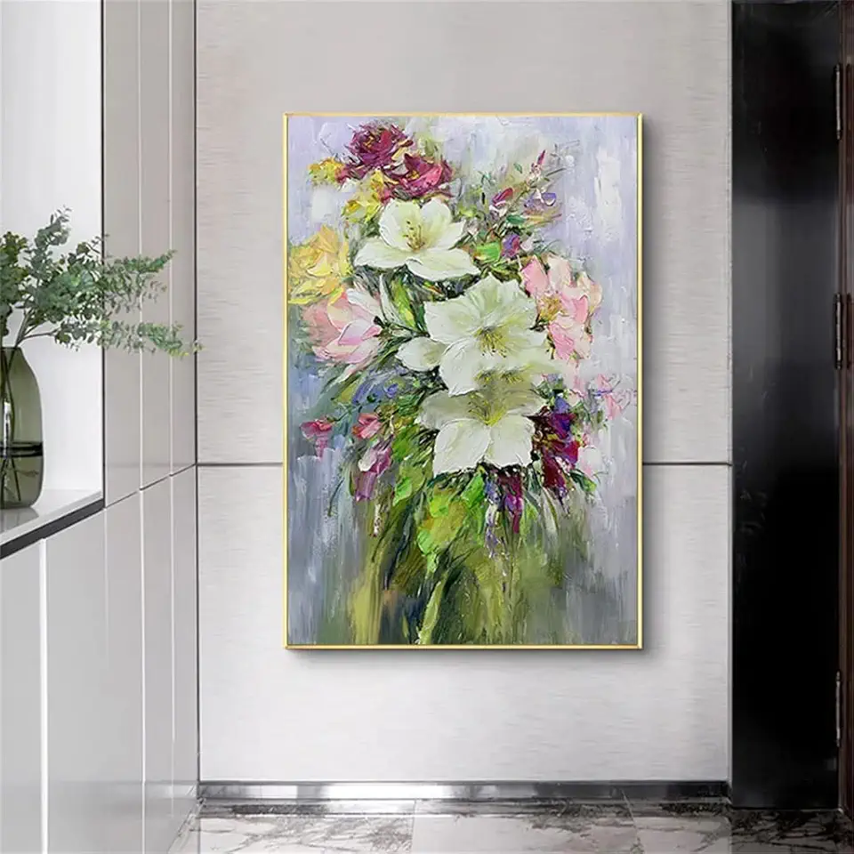 TYUHDUYUR Large Size Green Flowers Beautiful Hand Painted Canvas Oil Painting Mural Home Decor Abstract Art Picture (Color : D, Size : 90x120cm Frameless) (D 70x100cm frameless)