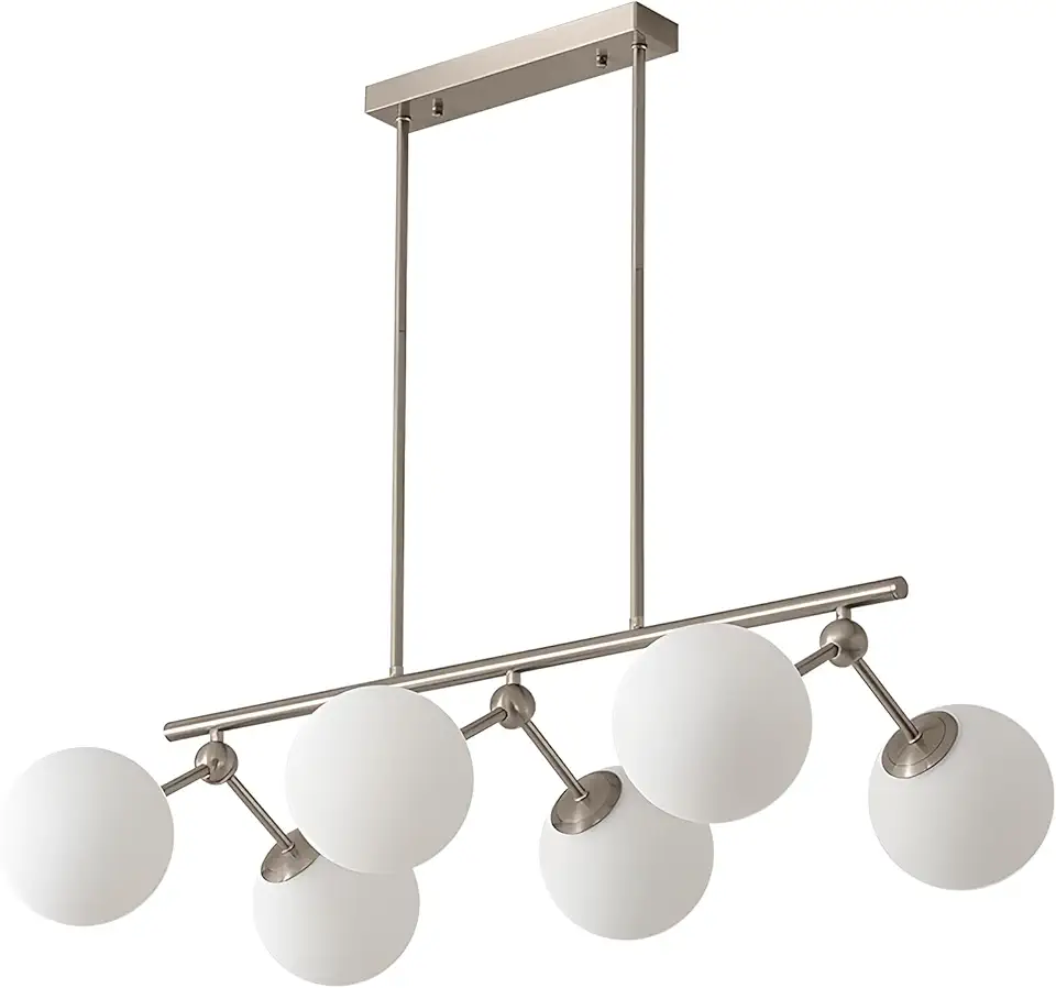6-Light Modern Linear Chandelier Milk Glass Globe Sputnik Chandelier Silver Pendant Light Fixture for Kitchen Island Dining Room Over Table