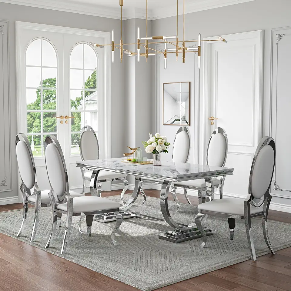 70 in Marble Dining Table Set for 6, Large Kitchen Table and White Leather Chairs, Black Silver Modern Dinner Tables with Mirrored Stainless Steel Base, Luxury 7 Piece Dining Set