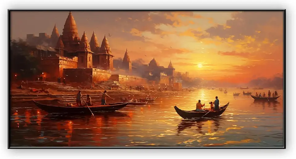 Bestome Sunset In Ganges River Indian Canvas Painting, Varanasi Canvas Painting, Indian Wall Art, Indian Decor, Indian Wall Decor, India Arts, Indian Home Decor (Black Framed, 71