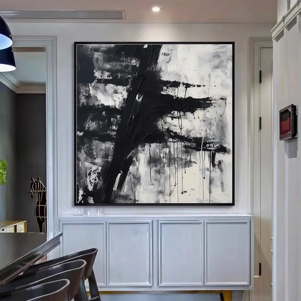 Black White Hand-Painted Oil Painting,Black White Abstract Art,Black And White Neutral Wall Art,Wall Art Decor,Abstract Canvas Paintings For Living Room,Unstretched,Frameless,(183X183cm)72X72Inches