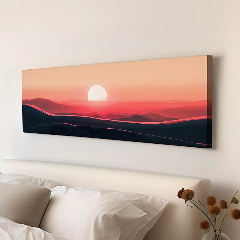 My Sweet Hideout Pink Sunset Above Bed Wall Art Beautiful Scene, Panoramic Mountains Canvas Print, Nature Long Horizontal Canvas Art 30x90