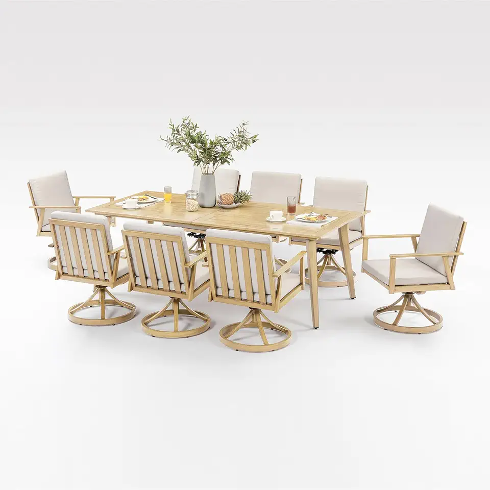 Sponsored Ad - 9 Pieces Outdoor Dining Set, Aluminum Patio Swivel Dining Set with Umbrella Hole, 360° Rotation Outdoor Patio Furniture Set, 8 Swivel Chairs and Table for Decks, Garden, Backyard, Maple Wood