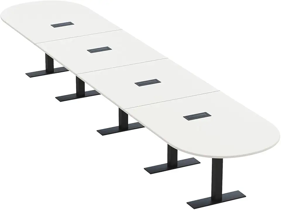20 Person Racetrack Shaped Modular Conference Room Table with Power and Data | Matte Black Metal T-Base | Scratch-Resistant Surface | Harmony Series Modern Office Table | White – 20’