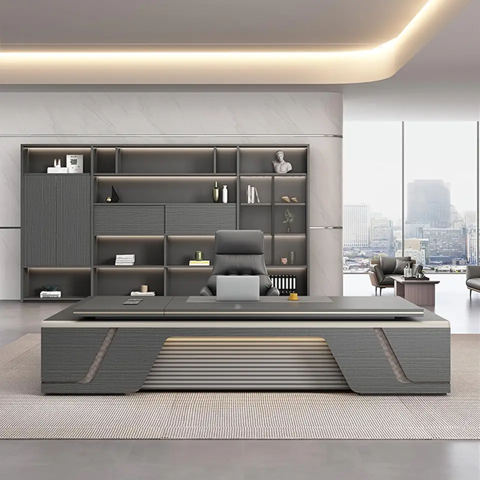 Modern L-Shaped Large Office Desk with Light Strip, Sturdy Wood Computer Workstation, Executive Desk with File Drawers and Lateral Cabinet(86in)