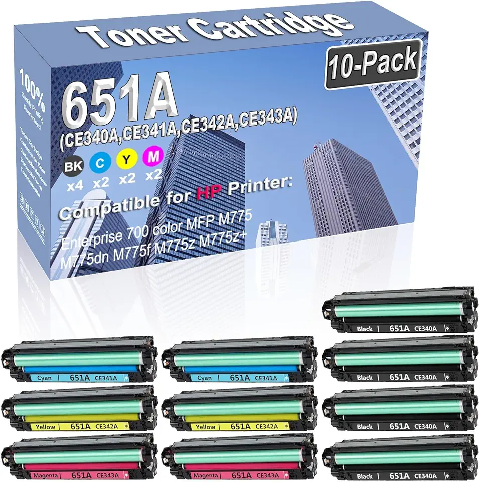 10-Pack (4BK/2C/2Y/2M) Compatible High Capacity 651A (CE340A CE341A CE342A CE343A) Toner Cartridge Used for HP Enterprise 700 Color MFP M775 M775dn M775f M775z M775z+ Printer