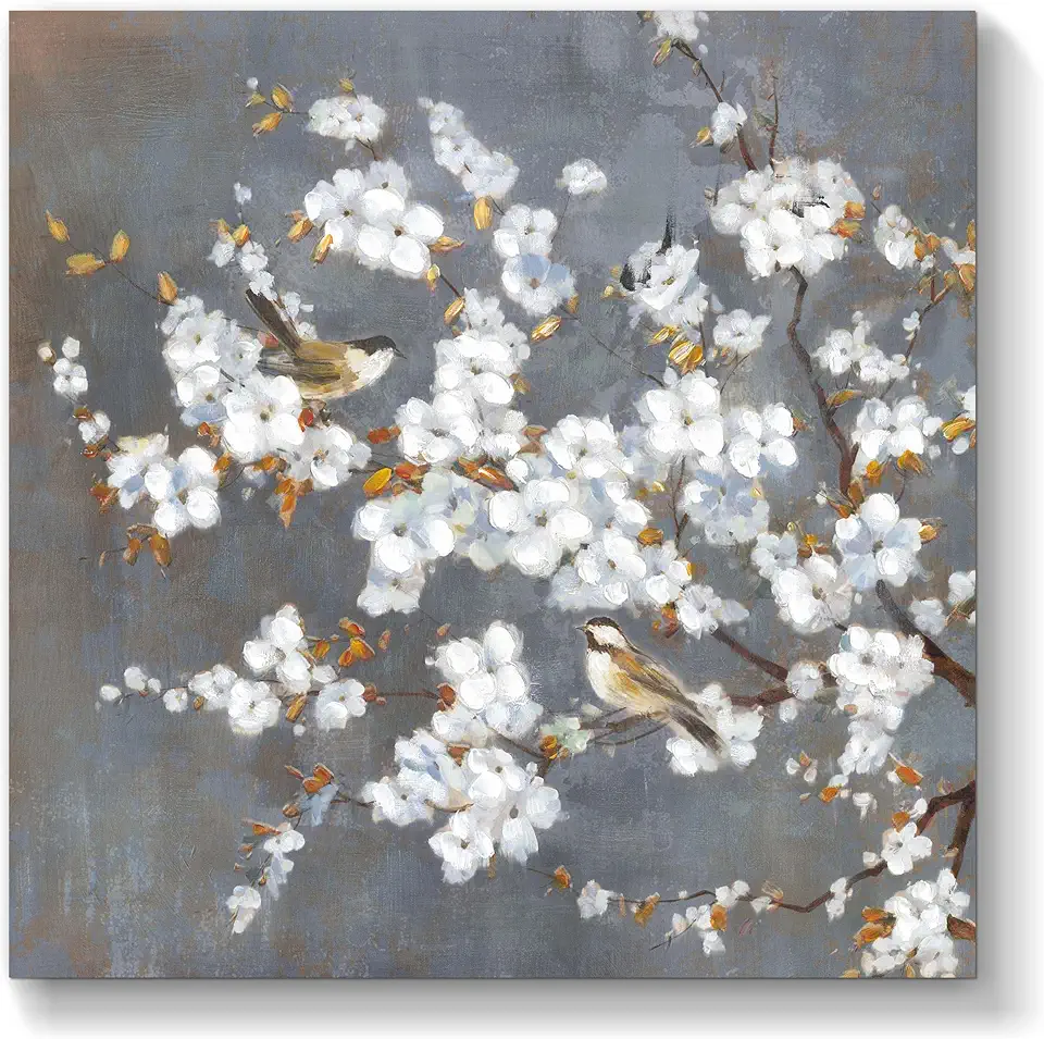 TAR TAR STUDIO Large White Apricot Blossoms with Birds Canvas Wall Art - Stylish Decor for Living Room, Bedroom, Office - 24x24 Inch