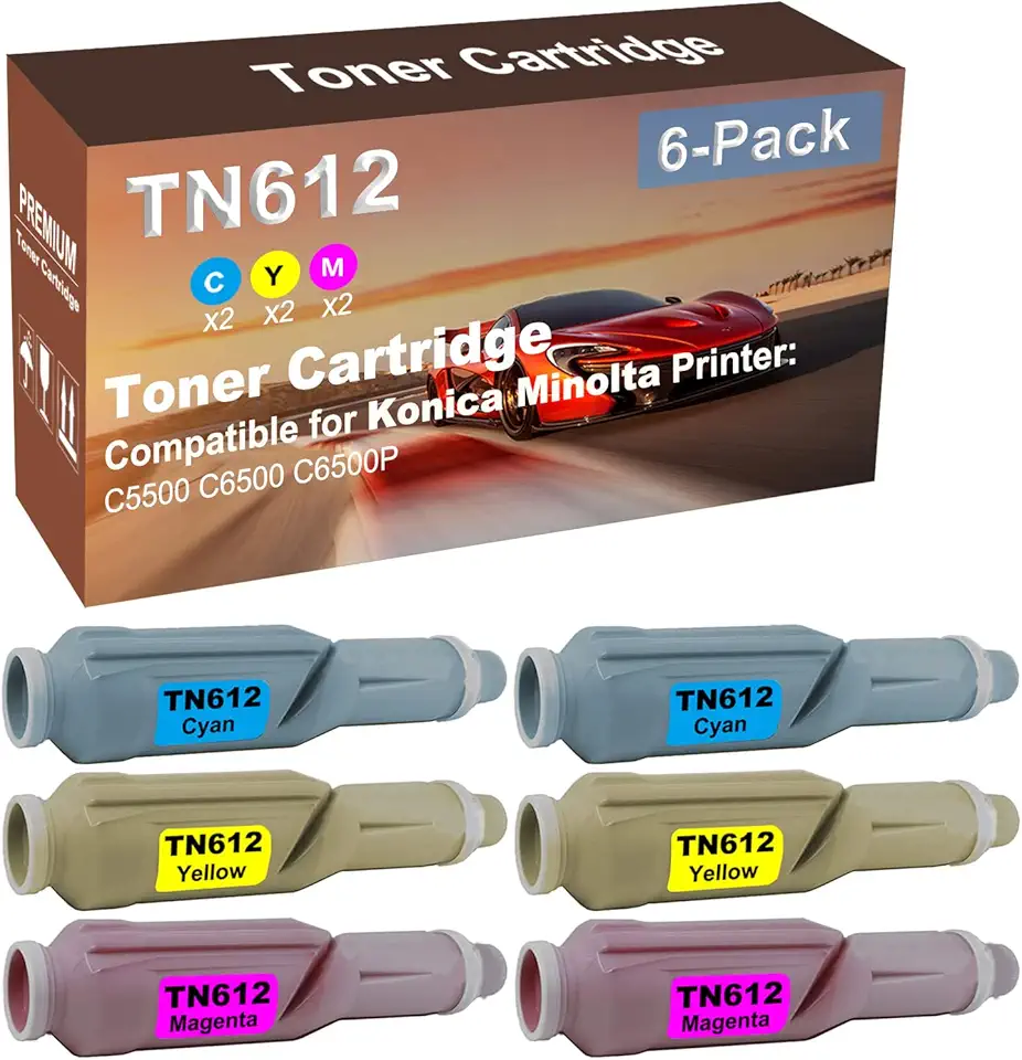 6-Pack (2C+2Y+2M) Compatible C5500, C6500, C6500P Printer Toner Cartridge High Capacity Replacement for Konica Minolta (TN612C+ TN612Y+ TN612M) TN612 Toner Cartridge