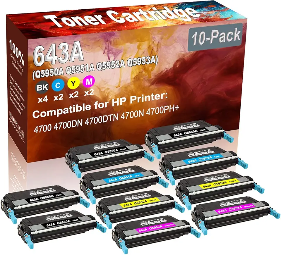 10-Pack (4BK+2C+2Y+2M) Compatible 4700 4700DN 4700DTN Laser Toner Cartridge (High Capacity) Replacement for HP 643A (Q5950A Q5951A Q5952A Q5953A) Printer Toner Cartridge