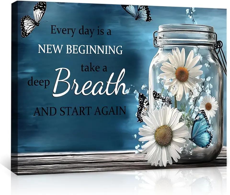 Inspirational Wall Art Canvas Prints - Positive Quote 'Every Day is a New Beginning Take a Deep Breath and Start Again' Poster Printing Artwork Decor for Home Bedroom Office - Butterflies and Daisies