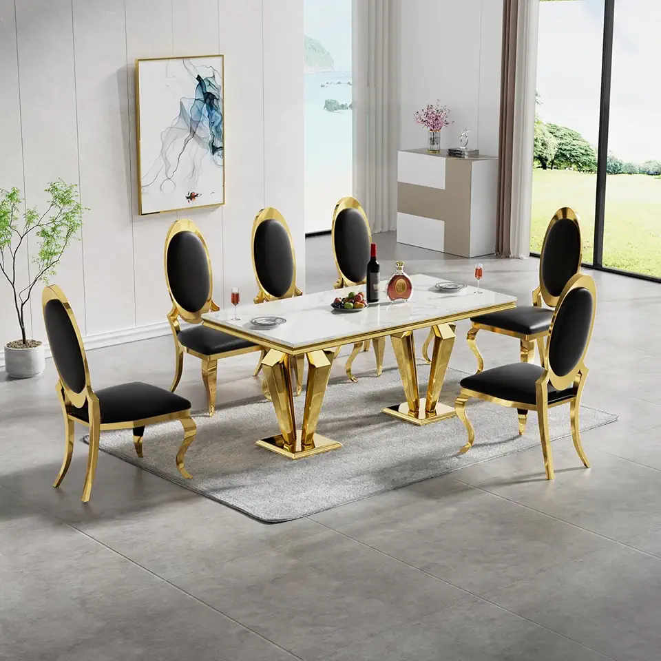 Henf 7 Piece Marble Dining Table Set for 6, Modern Gold Kitchen Table and Chairs for 6, Dining Room Table Set with 70