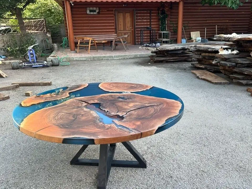 RESINHOMEFURNITURE Aqua Blue Epoxy Resin Round Coffee Table Living Room Table Center Table Dining Table Hallway Table Side Table Console Table Patio Table End Table (30