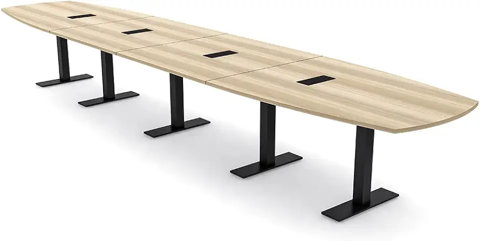 SKUTCHI DESIGNS INC. 20' Large Arc Boat Modular Conference Table with Data and Power | 20 Person Boardroom Table |Metal T Bases | Harmony Series | Blonde Surfside Ash with Matte Black Base