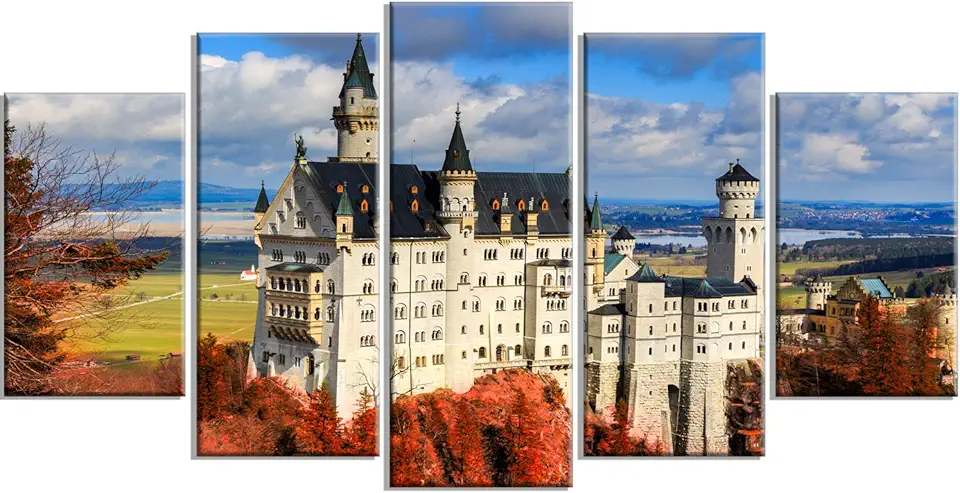 Design Art PT14663-60-32-5PD Neuschwanstein Castle with Red FoliageLandscape Wall Art Print Canvas, 60x32-5 Panels Diamond Shape
