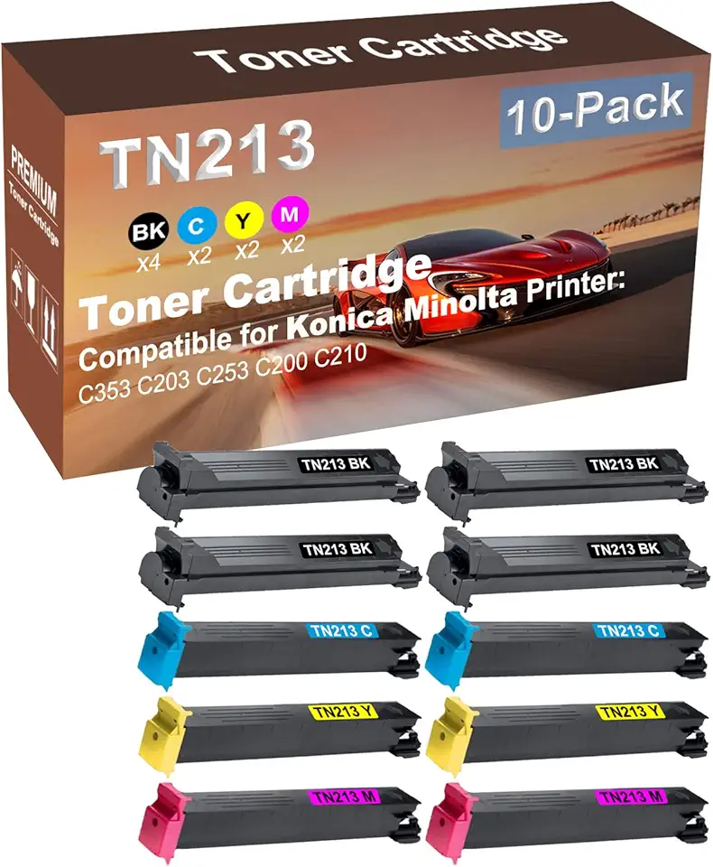 10-Pack (4BK+2C+2Y+2M) Compatible C353, C203, C253, C200, C210 Printer Toner Cartridge High Capacity Replacement for Konica Minolta BizHub (TN213K+ TN213C+ TN213Y+ TN213M) TN213 Toner Cartridge